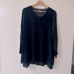 Havva Ana Boho Tunic Blouse Navy Green Paisley Sheer Long Sleeve Size Large